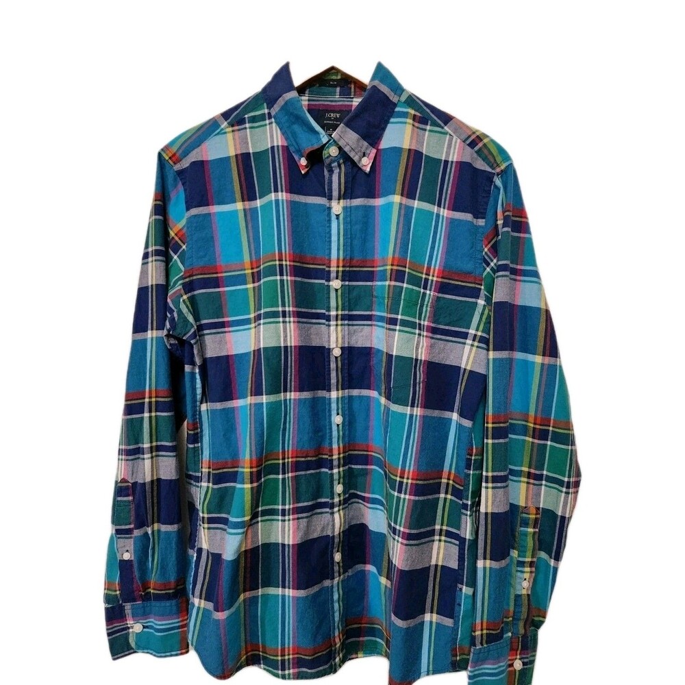 J Crew Mens Shirt M Turquoise Plaid Slim Summer Plaid Cotton Pocket Preppy